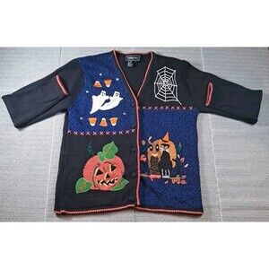 Vtg Terazzo Halloween Ugly Button Sweater Cardigan Owl Cat Ghost  Granny Core